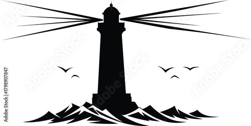 Silhouette lighthouse guiding light sea waves birds nautical navigation vector