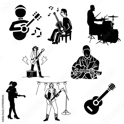 Guitarist silhouette delivering powerful rock performance, dramatic pose, energetic stage vibe, bold music-themed graphic illustration.