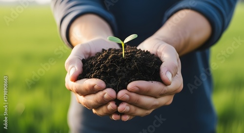 Wallpaper Mural A close-up image of hands gently holding rich soil with a young green seedling sprout growing from it. The photo symbolizes growth, sustainability, environmental care, agriculture, nature conservation Torontodigital.ca