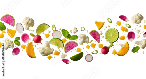 Fototapeta Naklejka Na Ścianę i Meble -  Colorful assortment of fresh chopped vegetables and fruits on black background