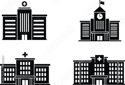 Hospital and school building icons, black silhouette vector set, institutional architecture design, medical facility, educational structure, flat illustration