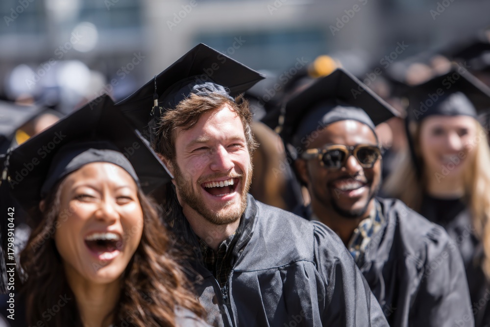 Obraz premium Graduating students celebrate their achievements in caps and gowns during a sunny outdoor ceremony at the university campus
