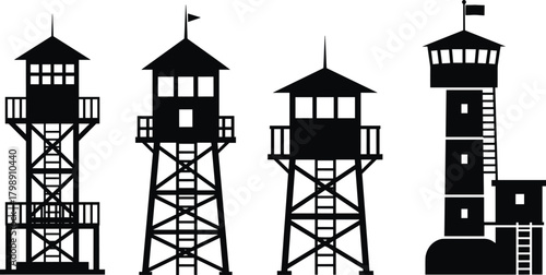 Watchtower silhouette vector set, observation tower icons, military and lookout structures, black architectural design, flat graphic illustration style