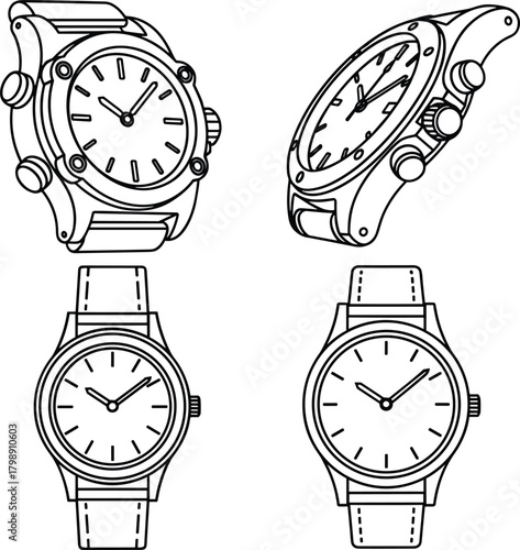 Wristwatch vector illustration set, front and angled views, chronograph and classic styles, black line icons, flat technical drawing