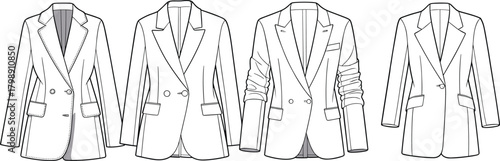Fashion blazer technical sketch, women’s tailored jacket illustration, vector clothing design template, formal outerwear flat sketch, professional apparel drawing, editable outline graphic