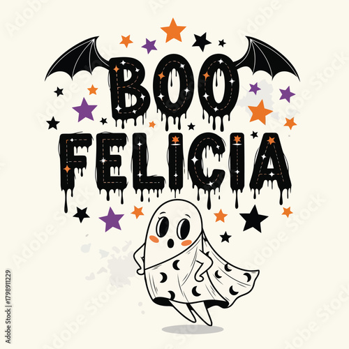 Vector illustration of cute ghost with text boo felicia and stars