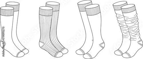 High knee sock technical fashion sketch set, vector outline illustration showing multiple long hosiery designs for apparel design and clothing templates