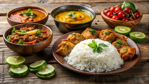 Traditional Bangladeshi Lunch with Rice, Chicken Curry and Salad on Wooden Table