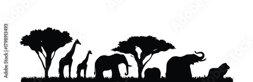 Silhouette of African savanna animals and trees, including elephants and giraffes, isolated on white background