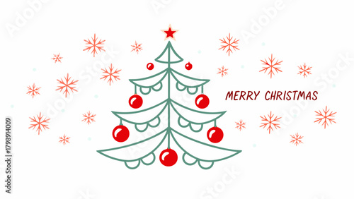 Whimsical christmas tree with red ornaments and star topper surrounded by falling snowflakes and merry christmas text