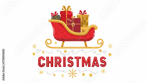 Festive red santa sleigh overflowing with colorful christmas presents and decorative elements with the word christmas below