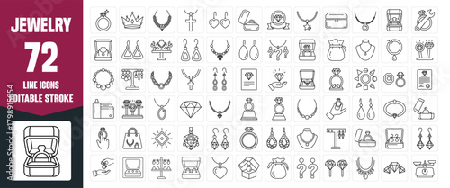 Jewelry Line Icon Set — Modern Minimal Editable Stroke Vector Symbols of Gems, Jewel, Fashion, Elegance, Luxury, Gift, and Accessories