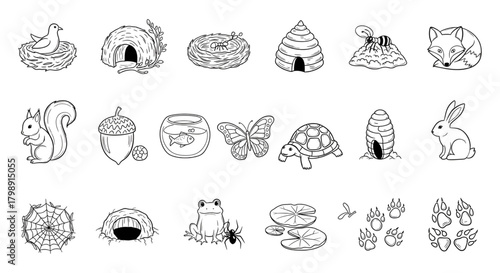 Animal homes and habitats illustrations vector set for kids coloring pages and educational resources