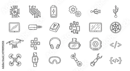 Technology gadgets icons vector illustration set tech elements devices ai robotics and engineering concept 100