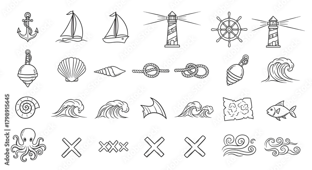 Fototapeta premium Nautical elements vector set with anchor sailboat lighthouse wheel map octopus and sea themed icons