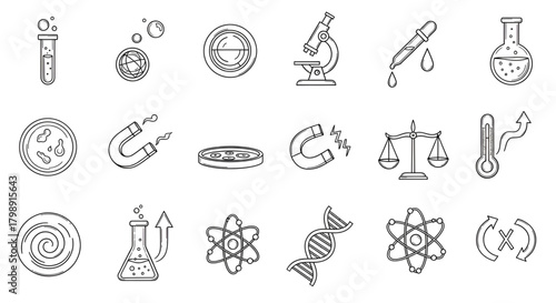 Science lab equipment outline icons vector illustration for education and research concept