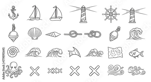 Nautical elements vector set with anchor sailboat lighthouse wheel map octopus and sea themed icons