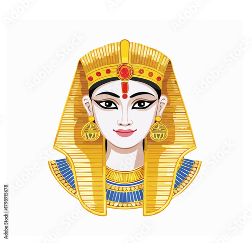 Stunning illustration of Egyptian queen with traditional headdress, gold jewelry, evoking ancient beauty, perfect for historical projects or cultural designs