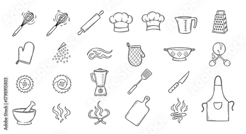 Kitchen utensils doodle vector set cooking baking tools chef equipment hand drawn sketch illustrations