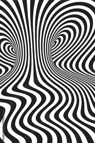 : A high-contrast abstract image of black and white stripes swirling into a twisting tunnel, evoking depth, motion, and visual intrigue. Ideal for design projects needing modern, surrea