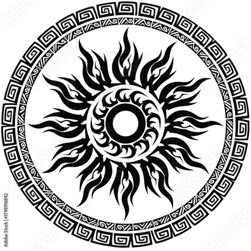 Vector illustration of black tribal sun symbol with greek key border