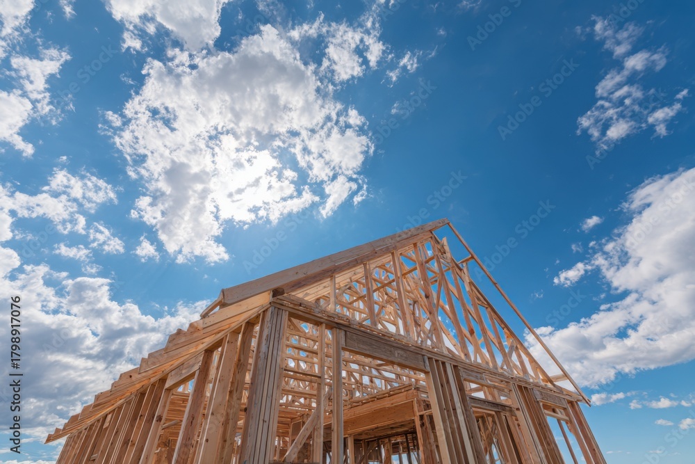 Obraz premium New residential construction framing in progress under a clear blue sky with fluffy clouds