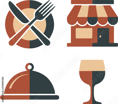 Restaurant icon set plate cutlery store meal food cloche beverage cup