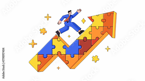Businessman running up a colorful puzzle piece arrow representing growth and success in business development and strategy