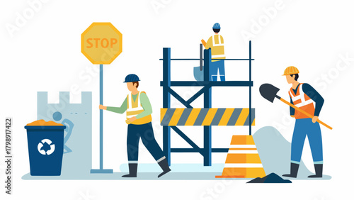 Construction workers in protective gear performing tasks with tools and safety equipment on a white background