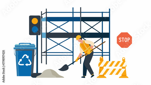 Construction worker with shovel traffic light stop sign scaffolding and recycling bin on white background