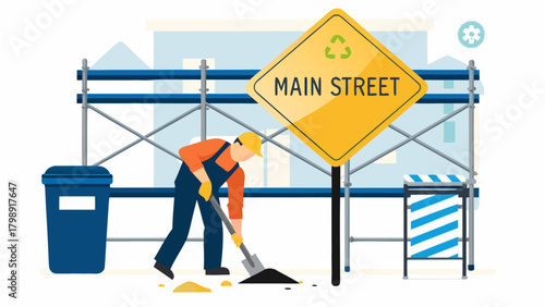 Construction worker digging on main street with scaffolding and caution signs indicating road work and urban development projects