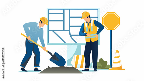 Construction workers in hard hats and vests work on a road construction project with a map and traffic cone