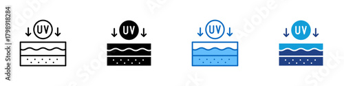 UV Exposure Multiple Style Icon Design Vector - Skin surface showing downward UV rays illustrating sun exposure impact