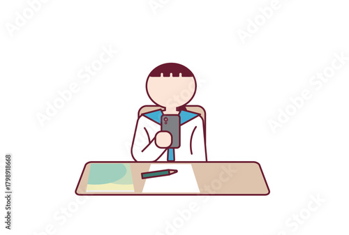 勉強中にスマホに夢中になっている中高生のイラスト