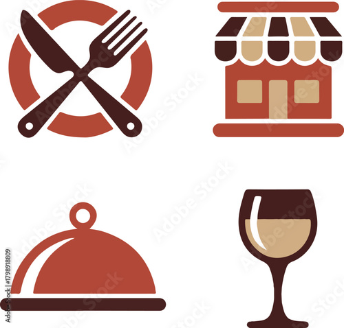Restaurant icon set dishware food store dining service drink flat design