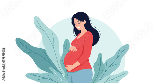 A happy pregnant woman cradles her baby bump surrounded by lush green foliage.