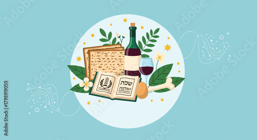 A traditional Passover seder table setting with matzah wine and symbolic items.