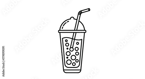 A refreshing beverage with bubbles served in a clear plastic cup with a domed lid and a straw is depicted in this outline illustration.