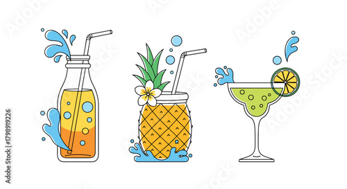 Three refreshing summer drinks with colorful splashes and tropical fruit garnishes.
