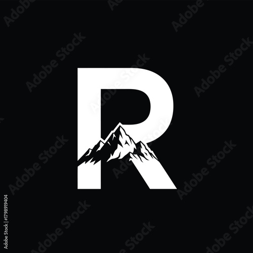 Vector illustration of white letter r with mountain silhouette on