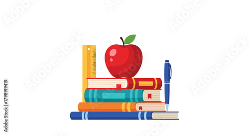 A stack of books with a ruler and apple on top represents education and learning in the classroom.