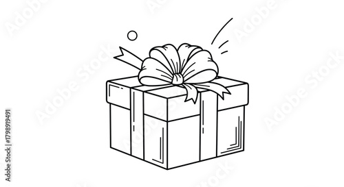 A beautifully wrapped gift box with a large ribbon on top and some small circles floating around it.