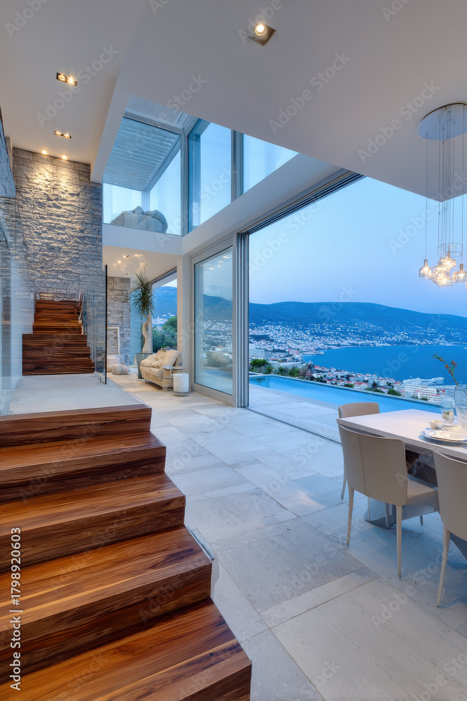 Fototapeta premium Luxury modern villa interior with sea panorama at dusk
