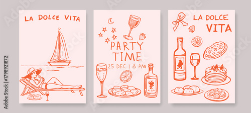 Party Time Invitation Set in Hand Drawn Sketch Chalk Style. Summer Vacation Poster Design for Party, Menu, Cafe, Travel Design. Vector Illustration
