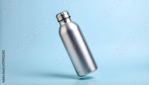 Wallpaper Mural Sleek modern aluminum metal bottle with a textured screw cap floats softly in isolation on a serene light blue background. Torontodigital.ca