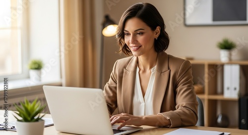 Woman in blazer working on laptop at desk in office with plant and bookshelf in the background