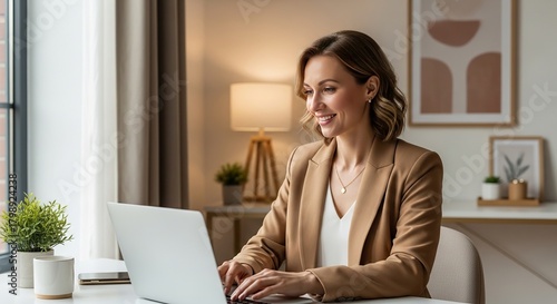 Woman in blazer working on laptop at desk with plants and lamp in a bright and modern home office