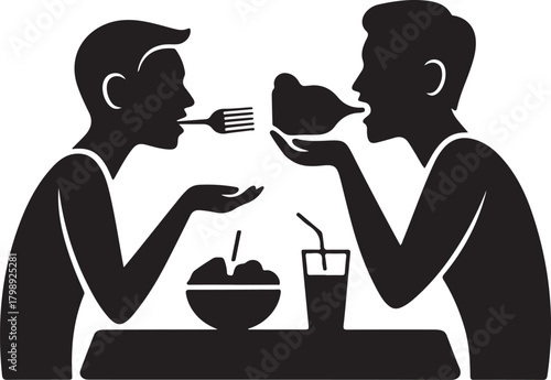 Person drinking from glass at restaurant while eating dinner meal vector illustration design silhouette
