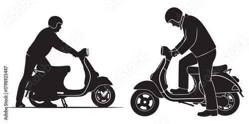 Scooter riders pushing and getting on moped silhouette