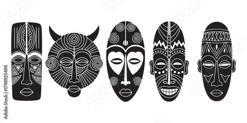 Black tribal ethnic african masks set on white background